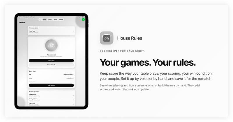 The House Rules share image, showing the app on iPad Pro 13-inch with its icon, name and headline for the Friday Table session, in the Grey tint, light appearance.