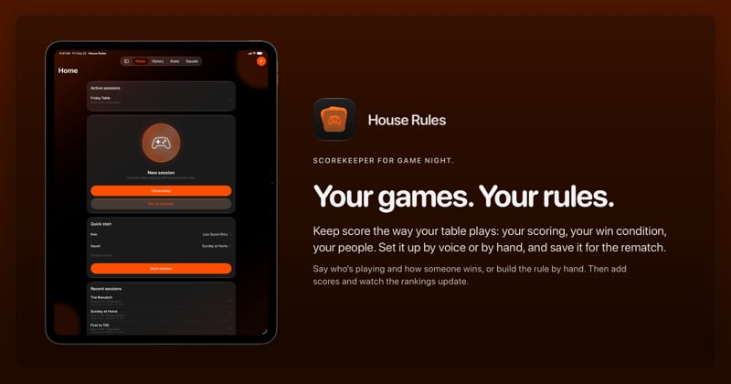 The House Rules share image, showing the app on iPad Pro 13-inch with its icon, name and headline for the Friday Table session, in the Orange tint, dark appearance.