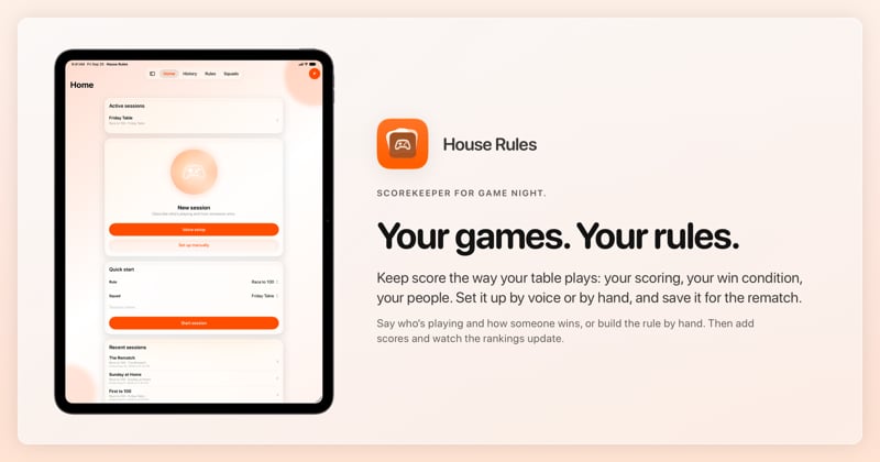 The House Rules share image, showing the app on iPad Pro 13-inch with its icon, name and headline for the Friday Table session, in the Orange tint, light appearance.