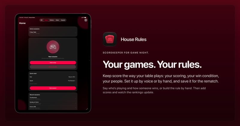 The House Rules share image, showing the app on iPad Pro 13-inch with its icon, name and headline for the Friday Table session, in the Pink tint, dark appearance.