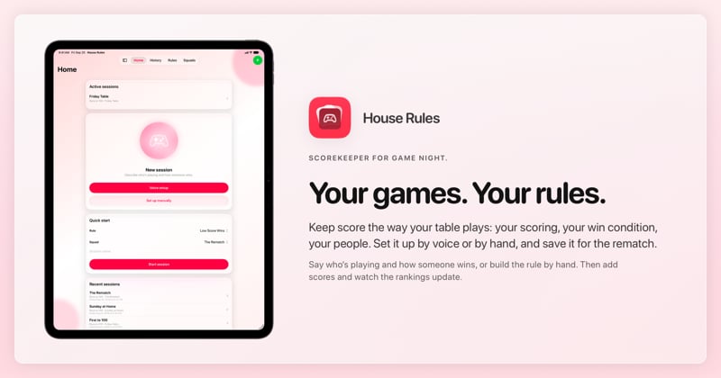 The House Rules share image, showing the app on iPad Pro 13-inch with its icon, name and headline for the Friday Table session, in the Pink tint, light appearance.