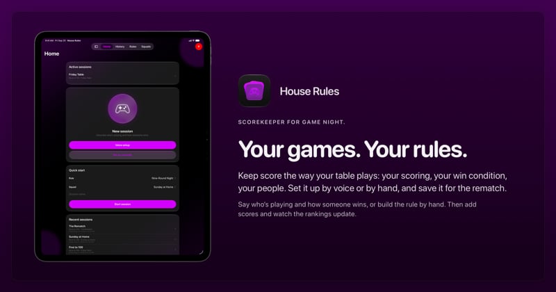The House Rules share image, showing the app on iPad Pro 13-inch with its icon, name and headline for the Friday Table session, in the Purple tint, dark appearance.