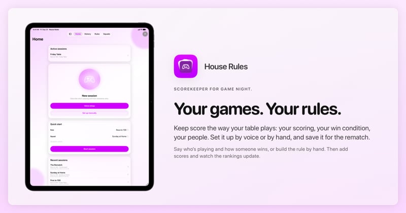 The House Rules share image, showing the app on iPad Pro 13-inch with its icon, name and headline for the Friday Table session, in the Purple tint, light appearance.