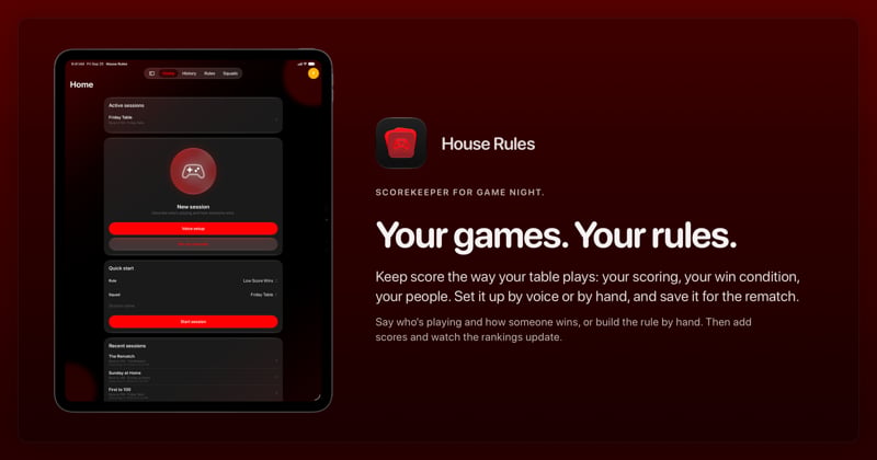 The House Rules share image, showing the app on iPad Pro 13-inch with its icon, name and headline for the Friday Table session, in the Red tint, dark appearance.