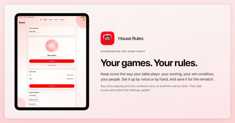 The House Rules share image, showing the app on iPad Pro 13-inch with its icon, name and headline for the Friday Table session, in the Red tint, light appearance.