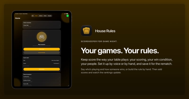 The House Rules share image, showing the app on iPad Pro 13-inch with its icon, name and headline for the Friday Table session, in the Yellow tint, dark appearance.