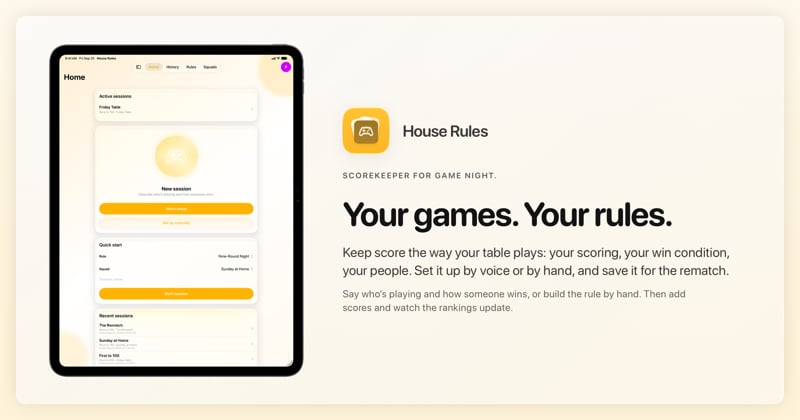 The House Rules share image, showing the app on iPad Pro 13-inch with its icon, name and headline for the Friday Table session, in the Yellow tint, light appearance.