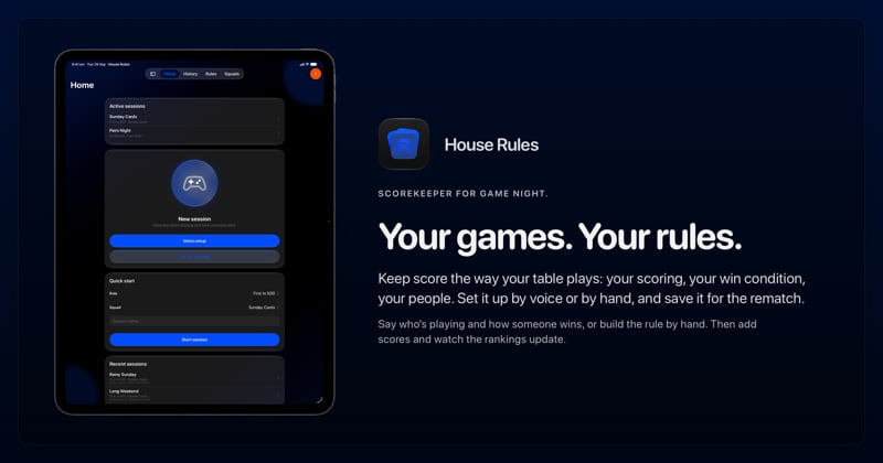 The House Rules share image, showing the app on iPad Pro 13-inch with its icon, name and headline for the Sunday Cards session, in the Blue tint, dark appearance.