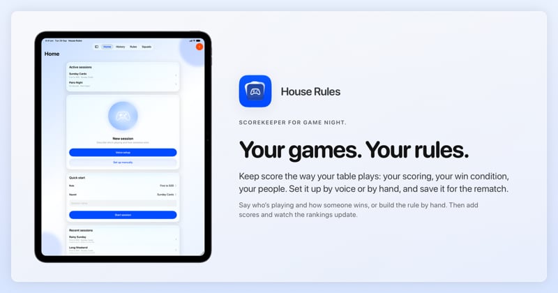 The House Rules share image, showing the app on iPad Pro 13-inch with its icon, name and headline for the Sunday Cards session, in the Blue tint, light appearance.