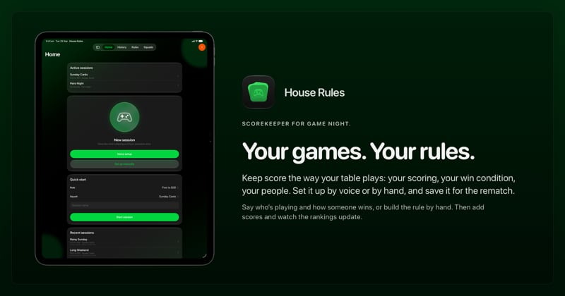 The House Rules share image, showing the app on iPad Pro 13-inch with its icon, name and headline for the Sunday Cards session, in the Green tint, dark appearance.
