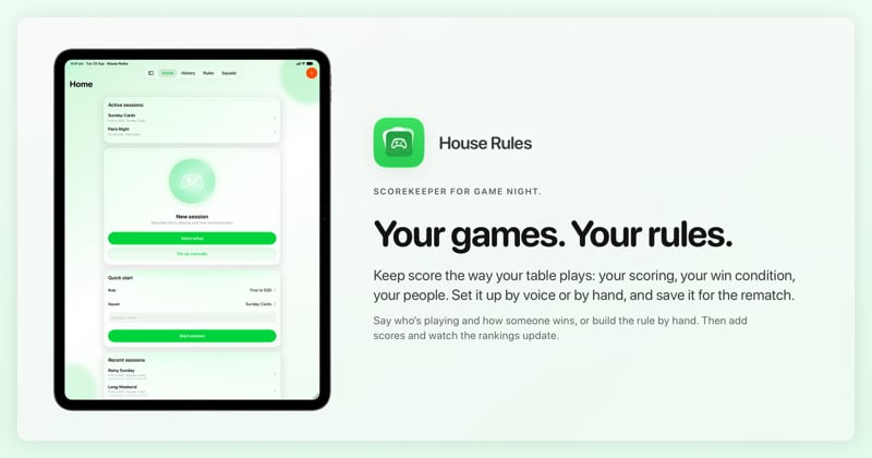 The House Rules share image, showing the app on iPad Pro 13-inch with its icon, name and headline for the Sunday Cards session, in the Green tint, light appearance.