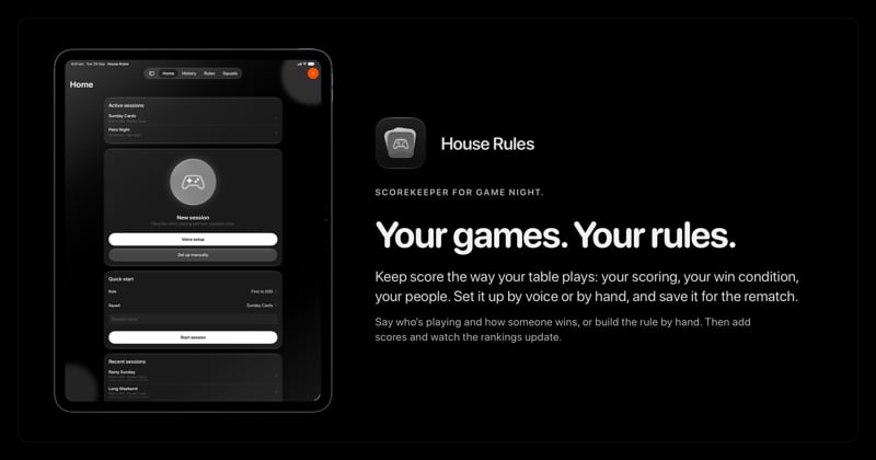 The House Rules share image, showing the app on iPad Pro 13-inch with its icon, name and headline for the Sunday Cards session, in the Grey tint, dark appearance.