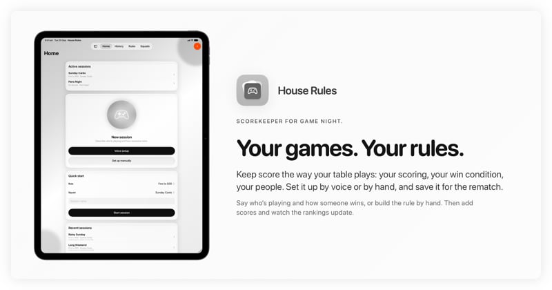 The House Rules share image, showing the app on iPad Pro 13-inch with its icon, name and headline for the Sunday Cards session, in the Grey tint, light appearance.