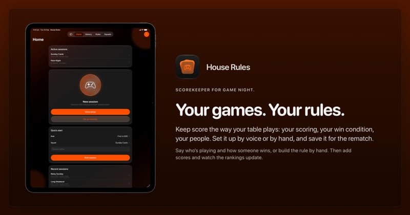 The House Rules share image, showing the app on iPad Pro 13-inch with its icon, name and headline for the Sunday Cards session, in the Orange tint, dark appearance.
