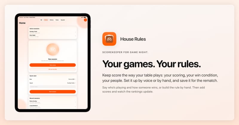 The House Rules share image, showing the app on iPad Pro 13-inch with its icon, name and headline for the Sunday Cards session, in the Orange tint, light appearance.