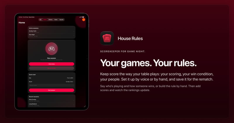 The House Rules share image, showing the app on iPad Pro 13-inch with its icon, name and headline for the Sunday Cards session, in the Pink tint, dark appearance.