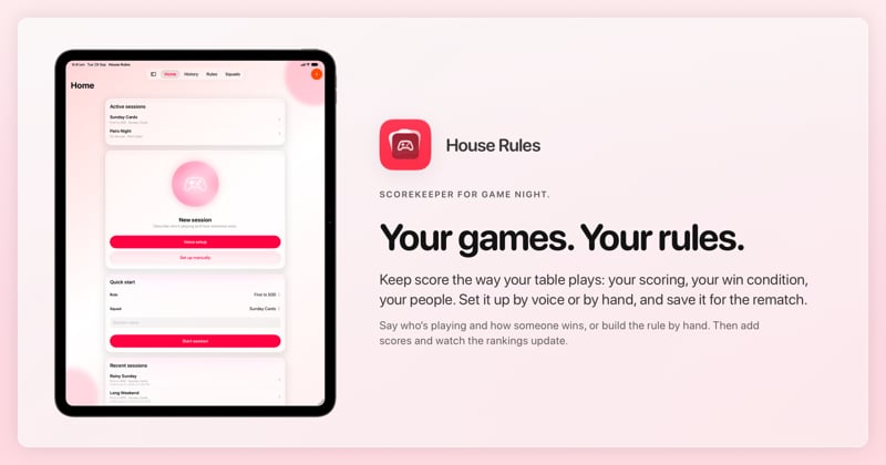 The House Rules share image, showing the app on iPad Pro 13-inch with its icon, name and headline for the Sunday Cards session, in the Pink tint, light appearance.