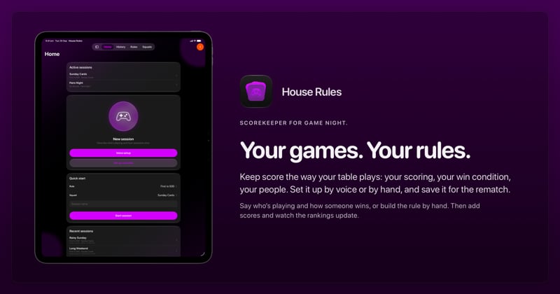 The House Rules share image, showing the app on iPad Pro 13-inch with its icon, name and headline for the Sunday Cards session, in the Purple tint, dark appearance.