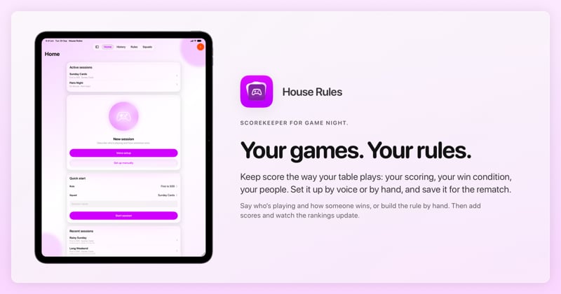The House Rules share image, showing the app on iPad Pro 13-inch with its icon, name and headline for the Sunday Cards session, in the Purple tint, light appearance.