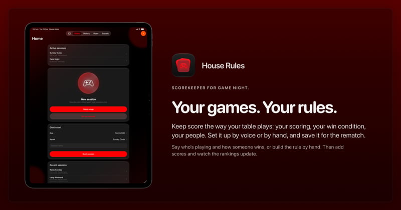 The House Rules share image, showing the app on iPad Pro 13-inch with its icon, name and headline for the Sunday Cards session, in the Red tint, dark appearance.