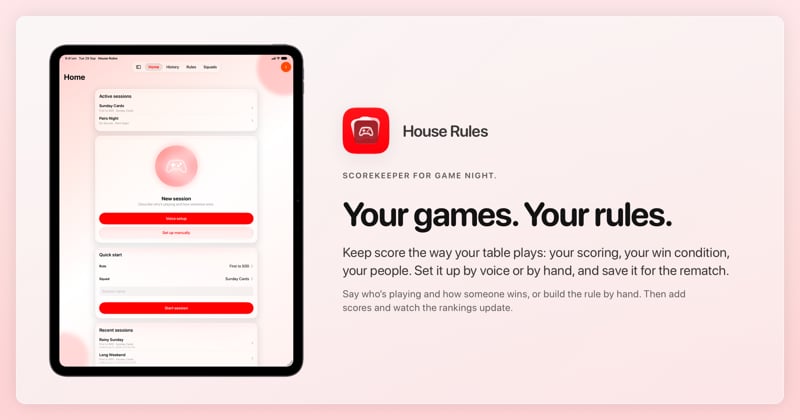 The House Rules share image, showing the app on iPad Pro 13-inch with its icon, name and headline for the Sunday Cards session, in the Red tint, light appearance.