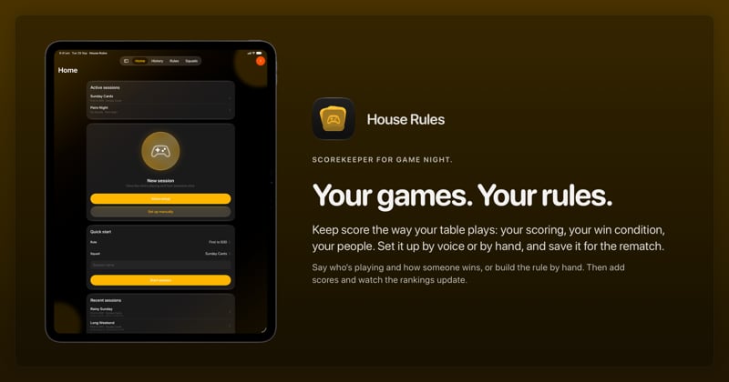The House Rules share image, showing the app on iPad Pro 13-inch with its icon, name and headline for the Sunday Cards session, in the Yellow tint, dark appearance.