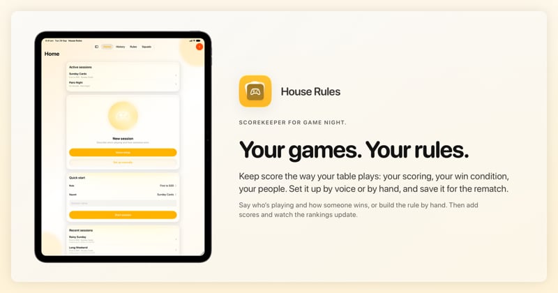 The House Rules share image, showing the app on iPad Pro 13-inch with its icon, name and headline for the Sunday Cards session, in the Yellow tint, light appearance.