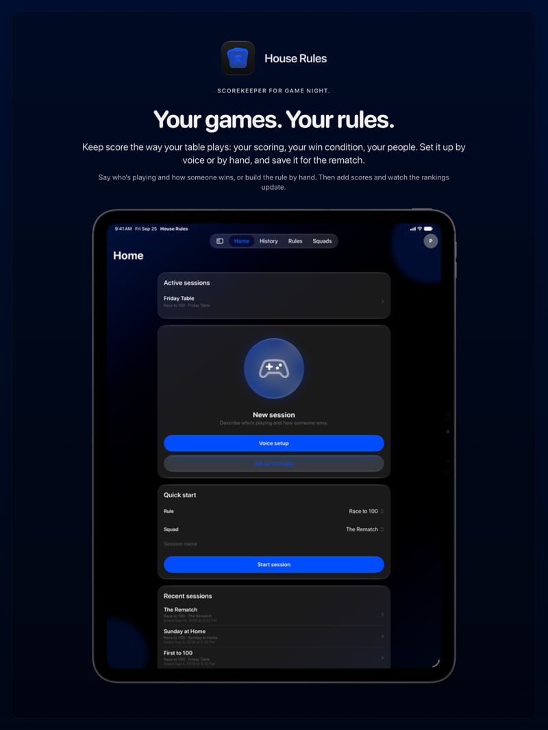 The House Rules share image, showing the app on iPad Pro 13-inch with its icon, name and headline for the Friday Table session, in the Blue tint, dark appearance.