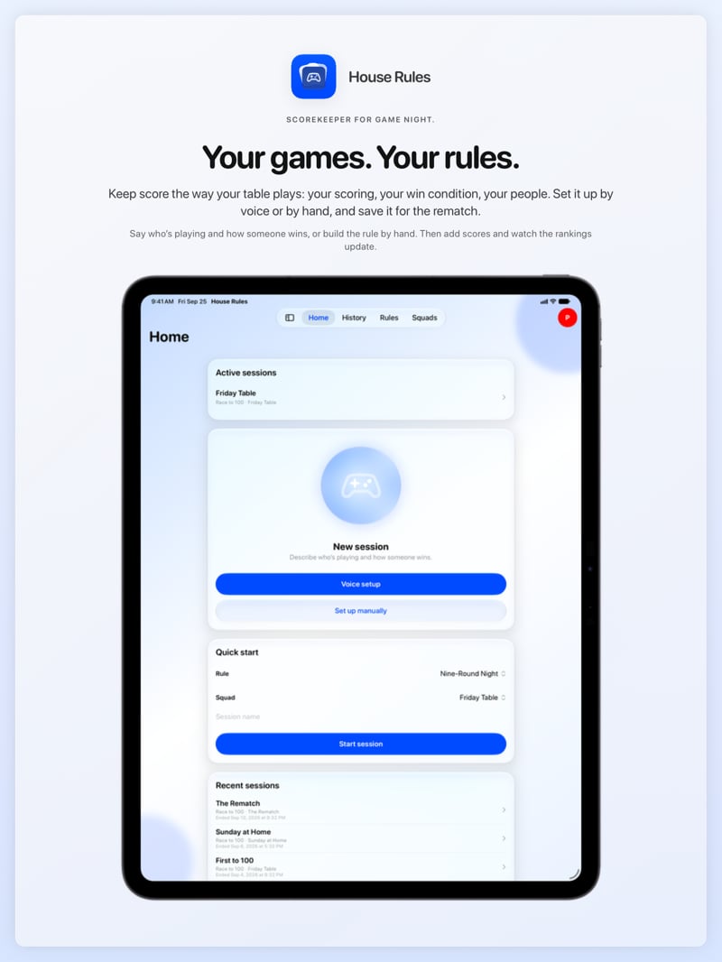 The House Rules share image, showing the app on iPad Pro 13-inch with its icon, name and headline for the Friday Table session, in the Blue tint, light appearance.