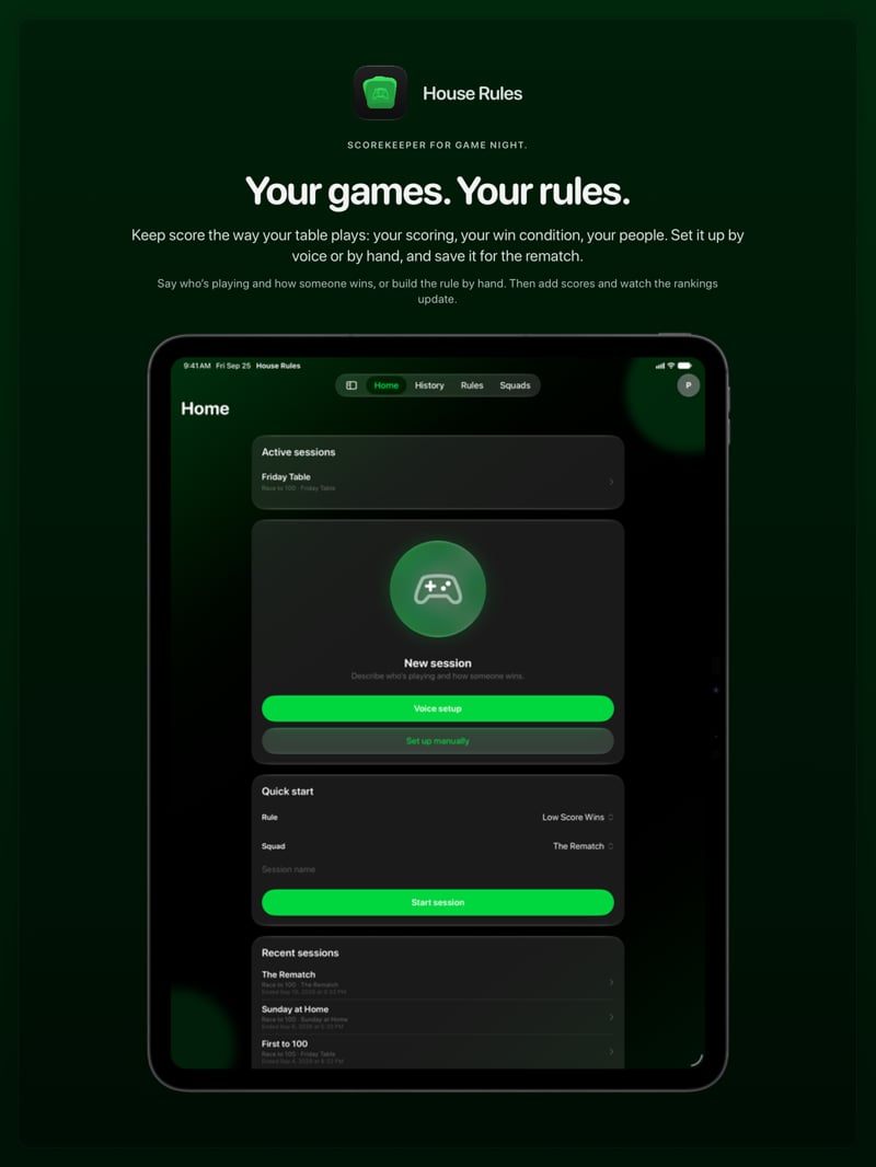 The House Rules share image, showing the app on iPad Pro 13-inch with its icon, name and headline for the Friday Table session, in the Green tint, dark appearance.