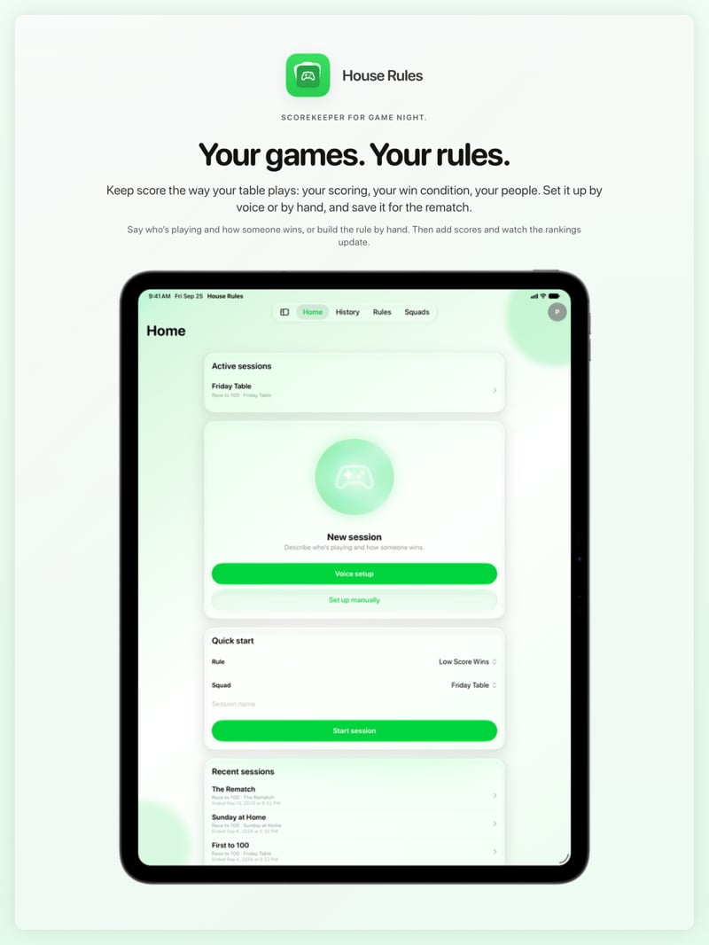 The House Rules share image, showing the app on iPad Pro 13-inch with its icon, name and headline for the Friday Table session, in the Green tint, light appearance.