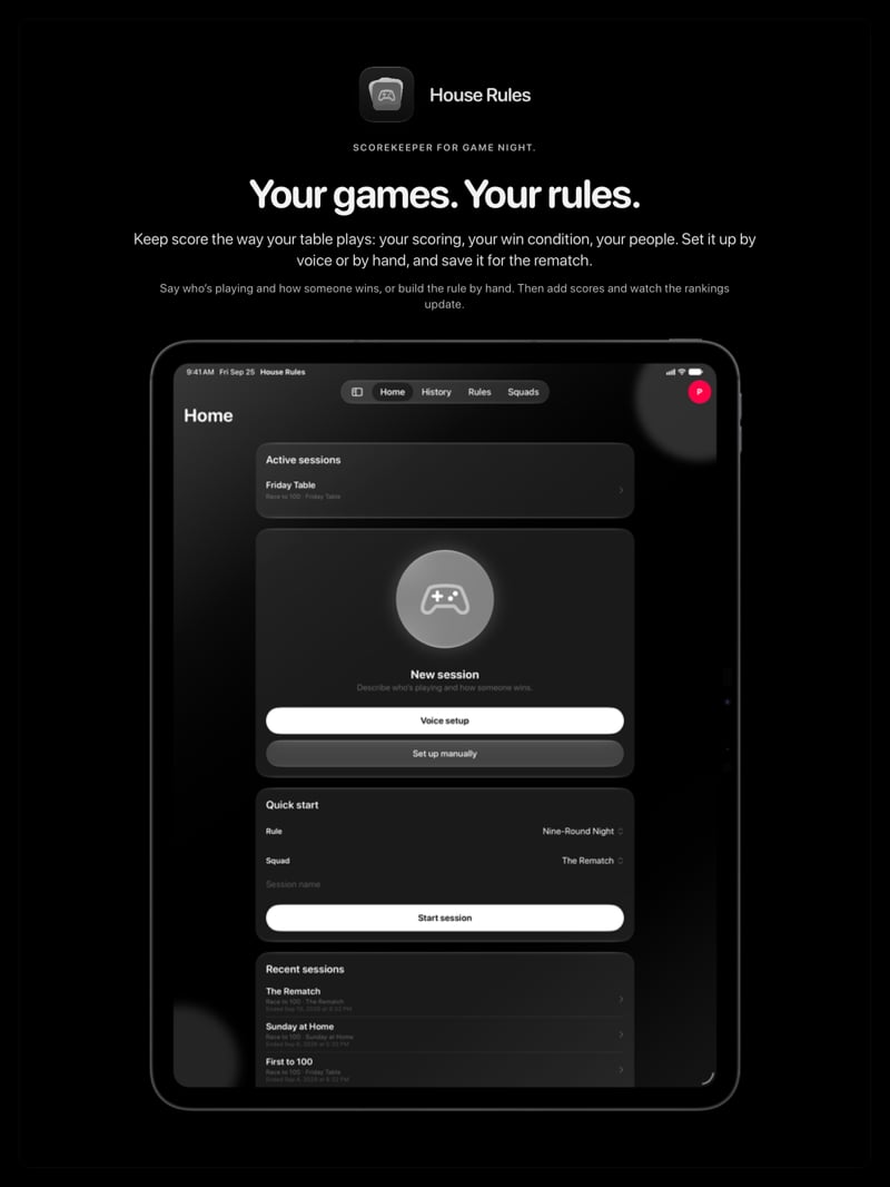 The House Rules share image, showing the app on iPad Pro 13-inch with its icon, name and headline for the Friday Table session, in the Grey tint, dark appearance.