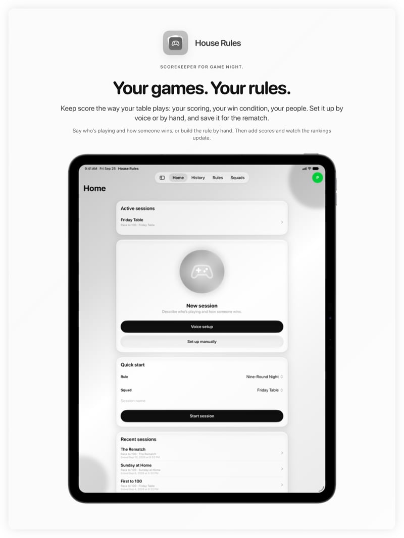 The House Rules share image, showing the app on iPad Pro 13-inch with its icon, name and headline for the Friday Table session, in the Grey tint, light appearance.