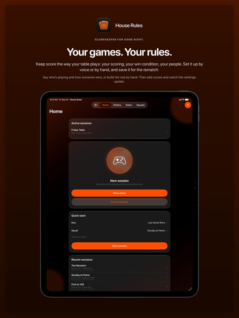 The House Rules share image, showing the app on iPad Pro 13-inch with its icon, name and headline for the Friday Table session, in the Orange tint, dark appearance.