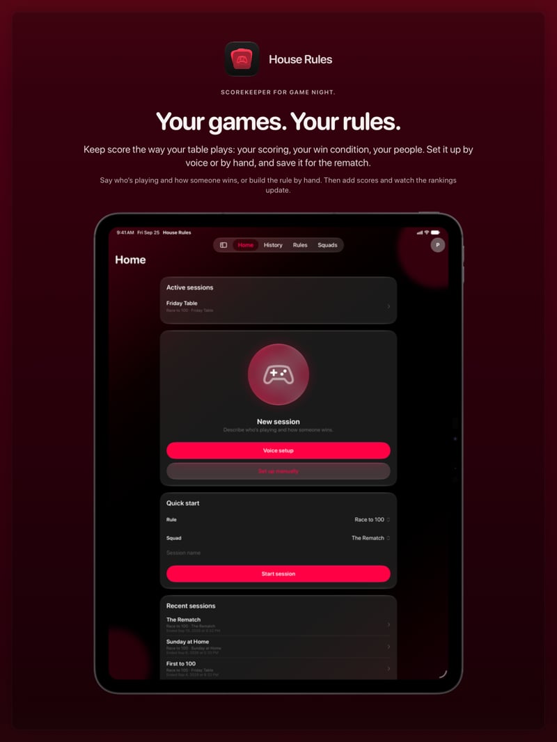 The House Rules share image, showing the app on iPad Pro 13-inch with its icon, name and headline for the Friday Table session, in the Pink tint, dark appearance.