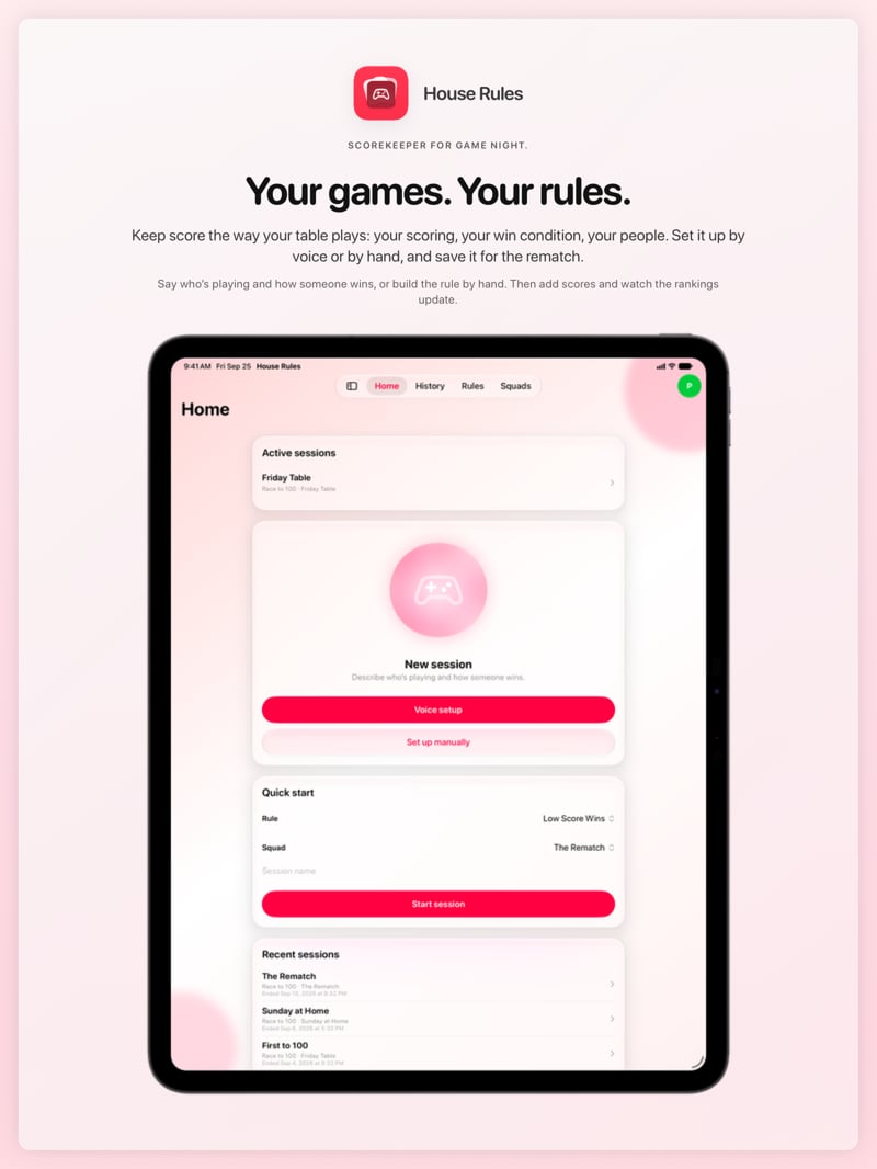 The House Rules share image, showing the app on iPad Pro 13-inch with its icon, name and headline for the Friday Table session, in the Pink tint, light appearance.