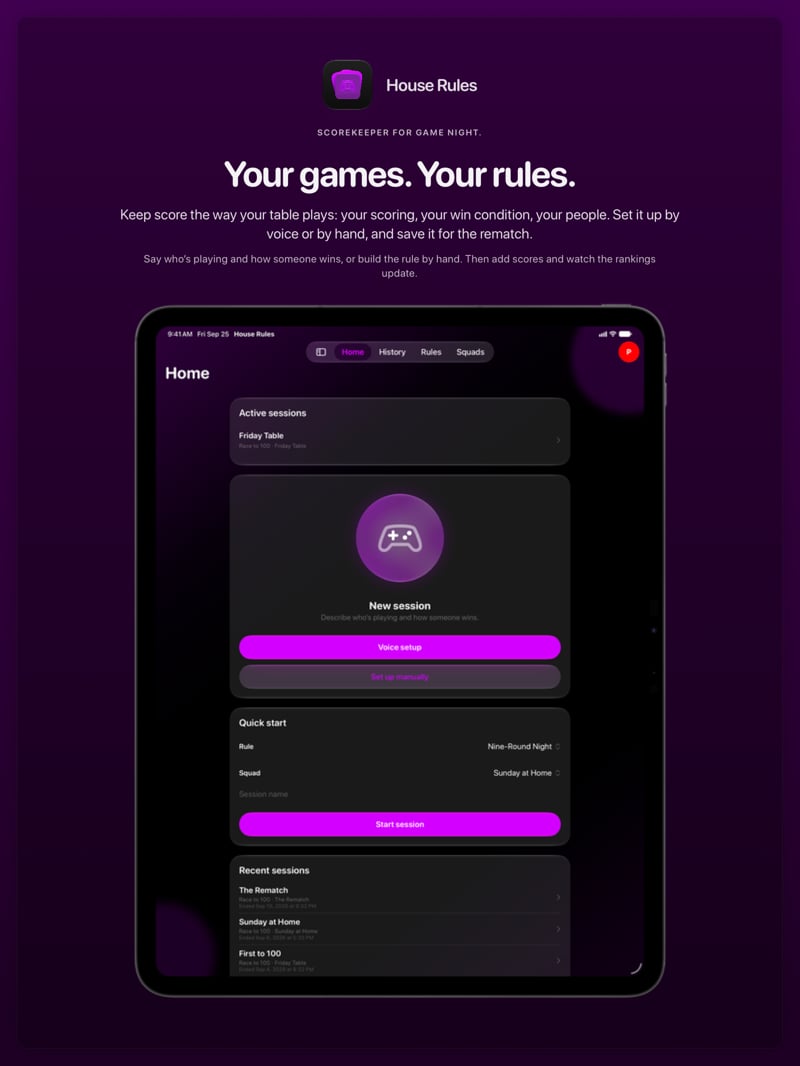 The House Rules share image, showing the app on iPad Pro 13-inch with its icon, name and headline for the Friday Table session, in the Purple tint, dark appearance.