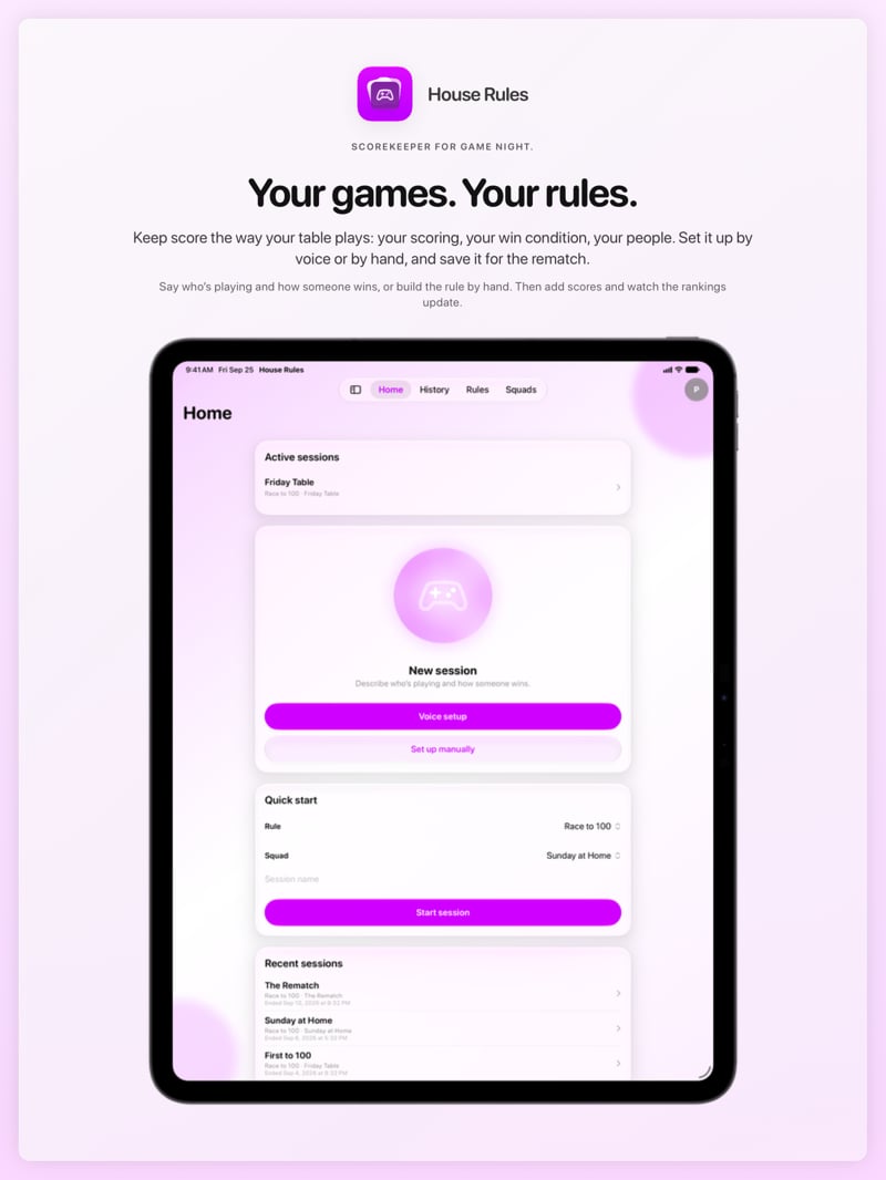 The House Rules share image, showing the app on iPad Pro 13-inch with its icon, name and headline for the Friday Table session, in the Purple tint, light appearance.