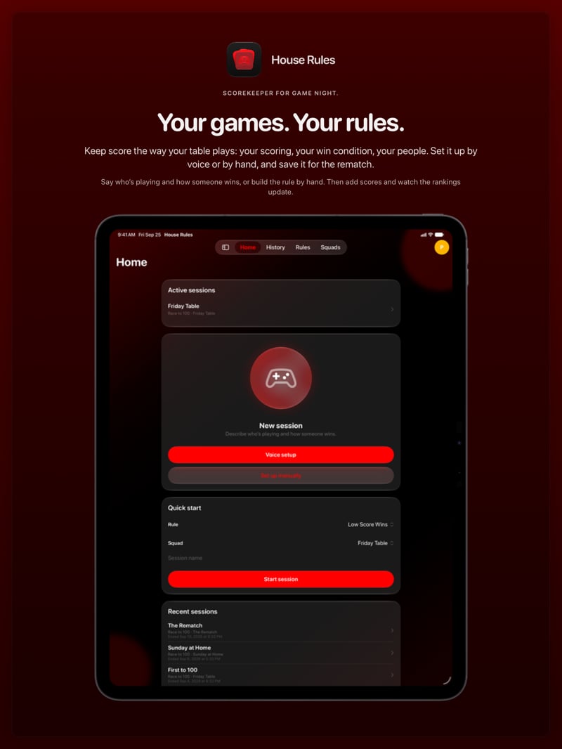 The House Rules share image, showing the app on iPad Pro 13-inch with its icon, name and headline for the Friday Table session, in the Red tint, dark appearance.