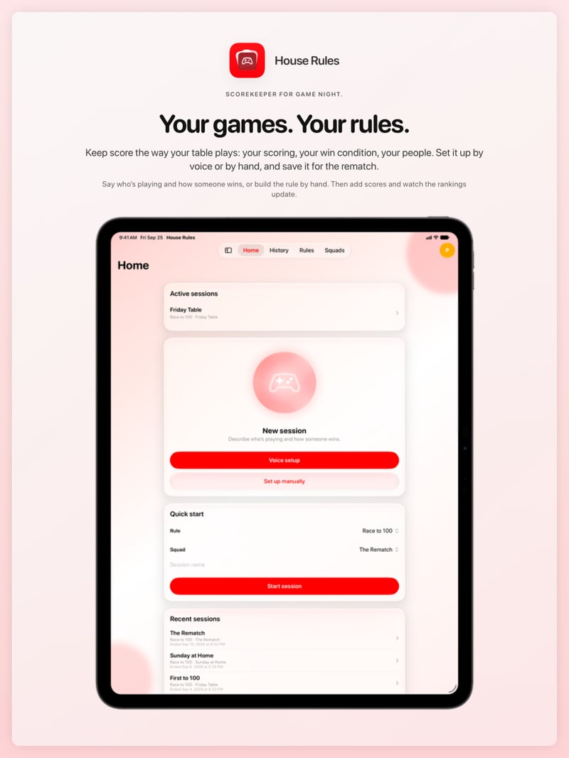 The House Rules share image, showing the app on iPad Pro 13-inch with its icon, name and headline for the Friday Table session, in the Red tint, light appearance.