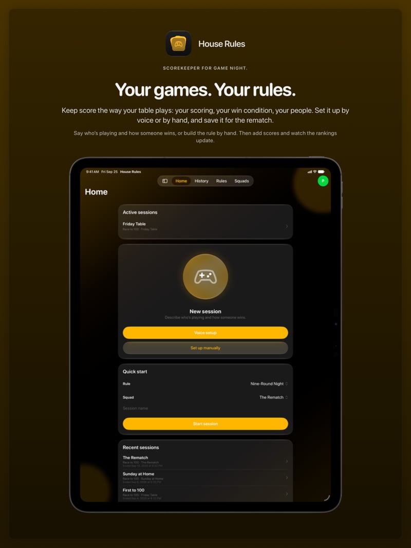 The House Rules share image, showing the app on iPad Pro 13-inch with its icon, name and headline for the Friday Table session, in the Yellow tint, dark appearance.