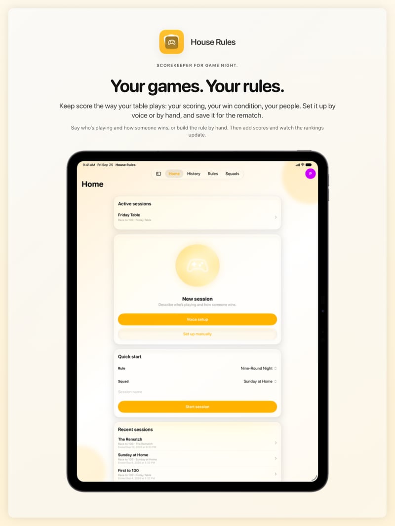 The House Rules share image, showing the app on iPad Pro 13-inch with its icon, name and headline for the Friday Table session, in the Yellow tint, light appearance.