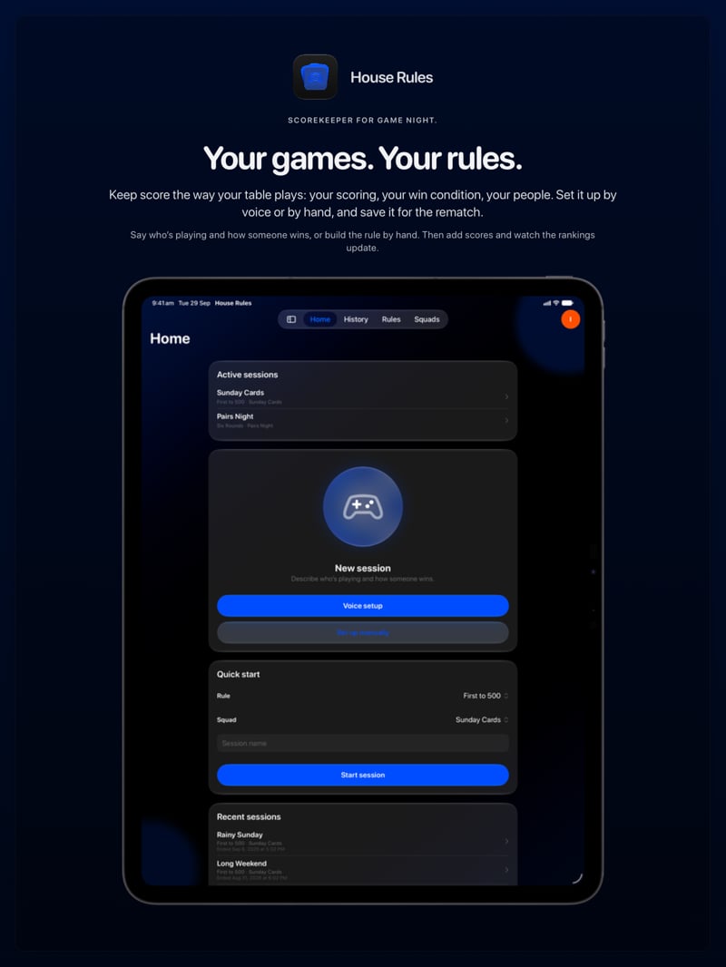 The House Rules share image, showing the app on iPad Pro 13-inch with its icon, name and headline for the Sunday Cards session, in the Blue tint, dark appearance.