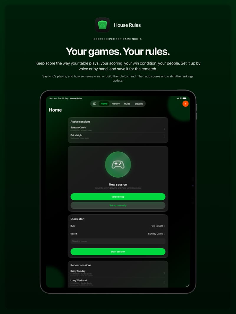 The House Rules share image, showing the app on iPad Pro 13-inch with its icon, name and headline for the Sunday Cards session, in the Green tint, dark appearance.
