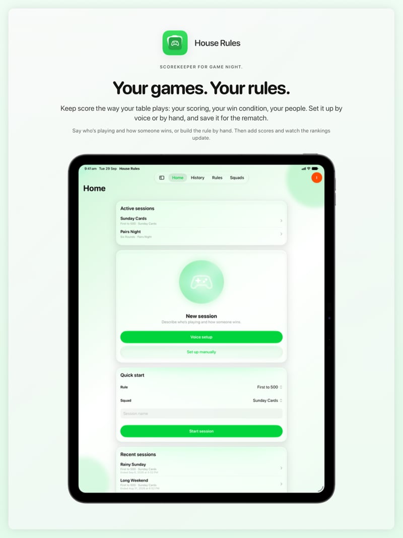 The House Rules share image, showing the app on iPad Pro 13-inch with its icon, name and headline for the Sunday Cards session, in the Green tint, light appearance.