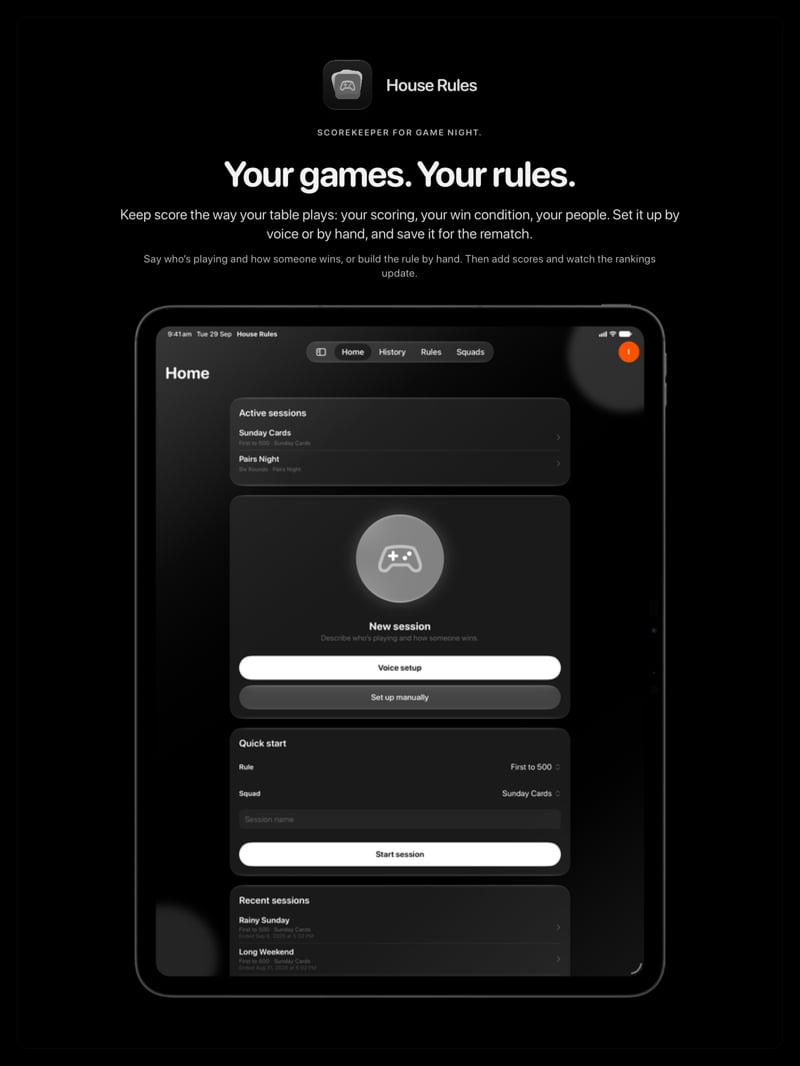 The House Rules share image, showing the app on iPad Pro 13-inch with its icon, name and headline for the Sunday Cards session, in the Grey tint, dark appearance.