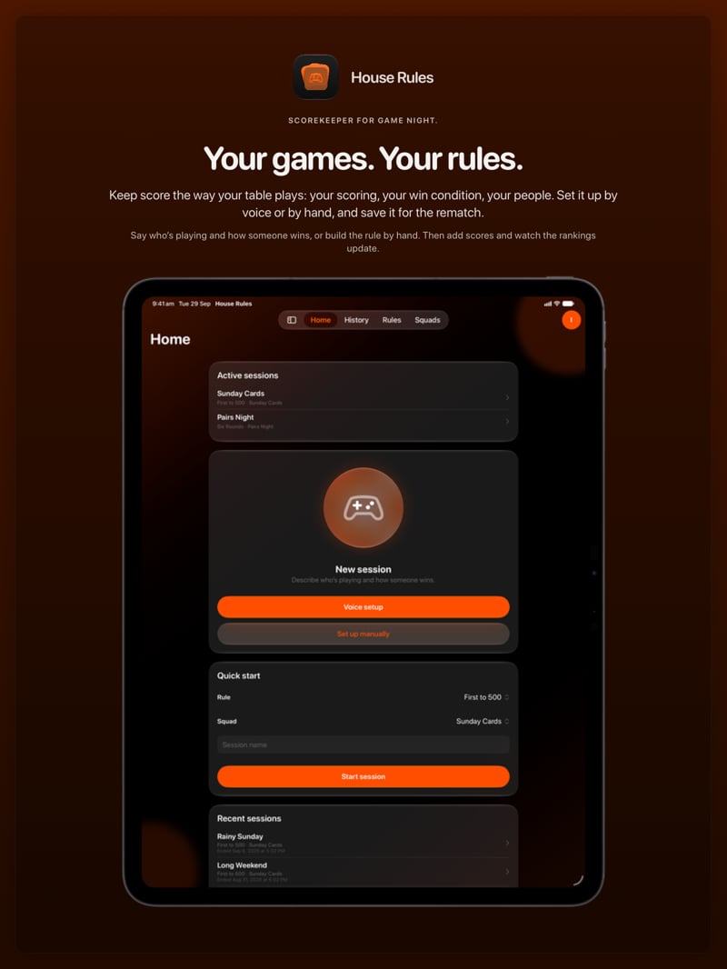 The House Rules share image, showing the app on iPad Pro 13-inch with its icon, name and headline for the Sunday Cards session, in the Orange tint, dark appearance.