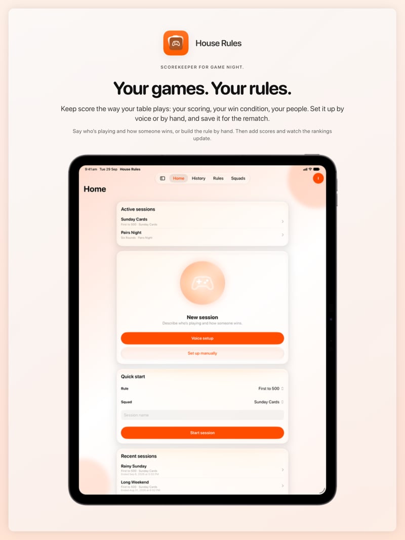The House Rules share image, showing the app on iPad Pro 13-inch with its icon, name and headline for the Sunday Cards session, in the Orange tint, light appearance.