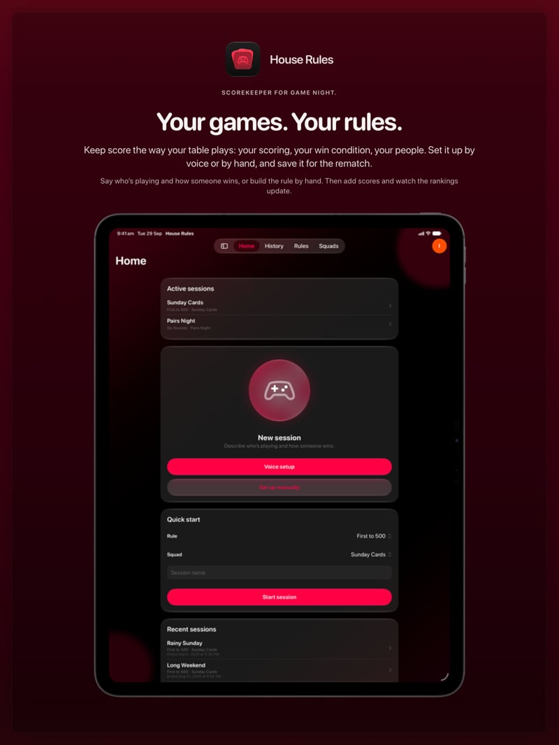The House Rules share image, showing the app on iPad Pro 13-inch with its icon, name and headline for the Sunday Cards session, in the Pink tint, dark appearance.