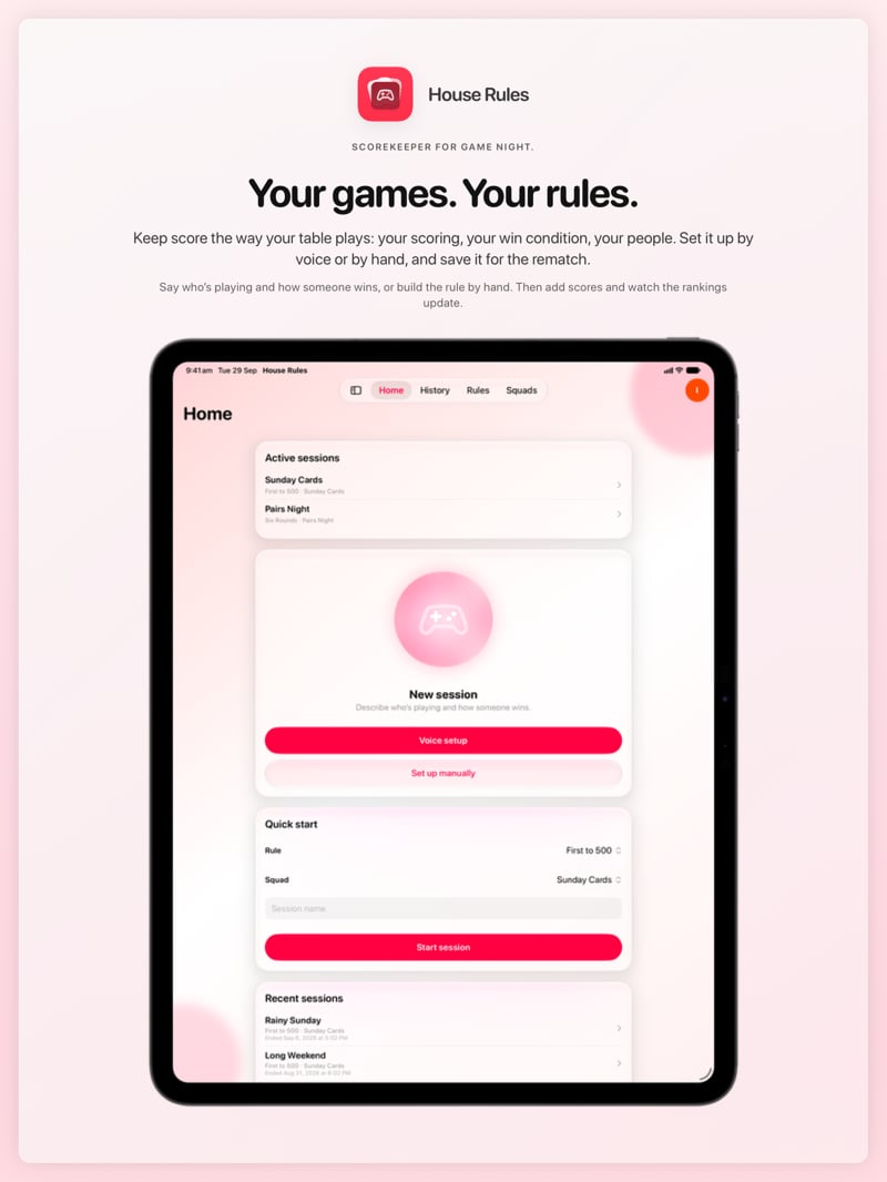 The House Rules share image, showing the app on iPad Pro 13-inch with its icon, name and headline for the Sunday Cards session, in the Pink tint, light appearance.
